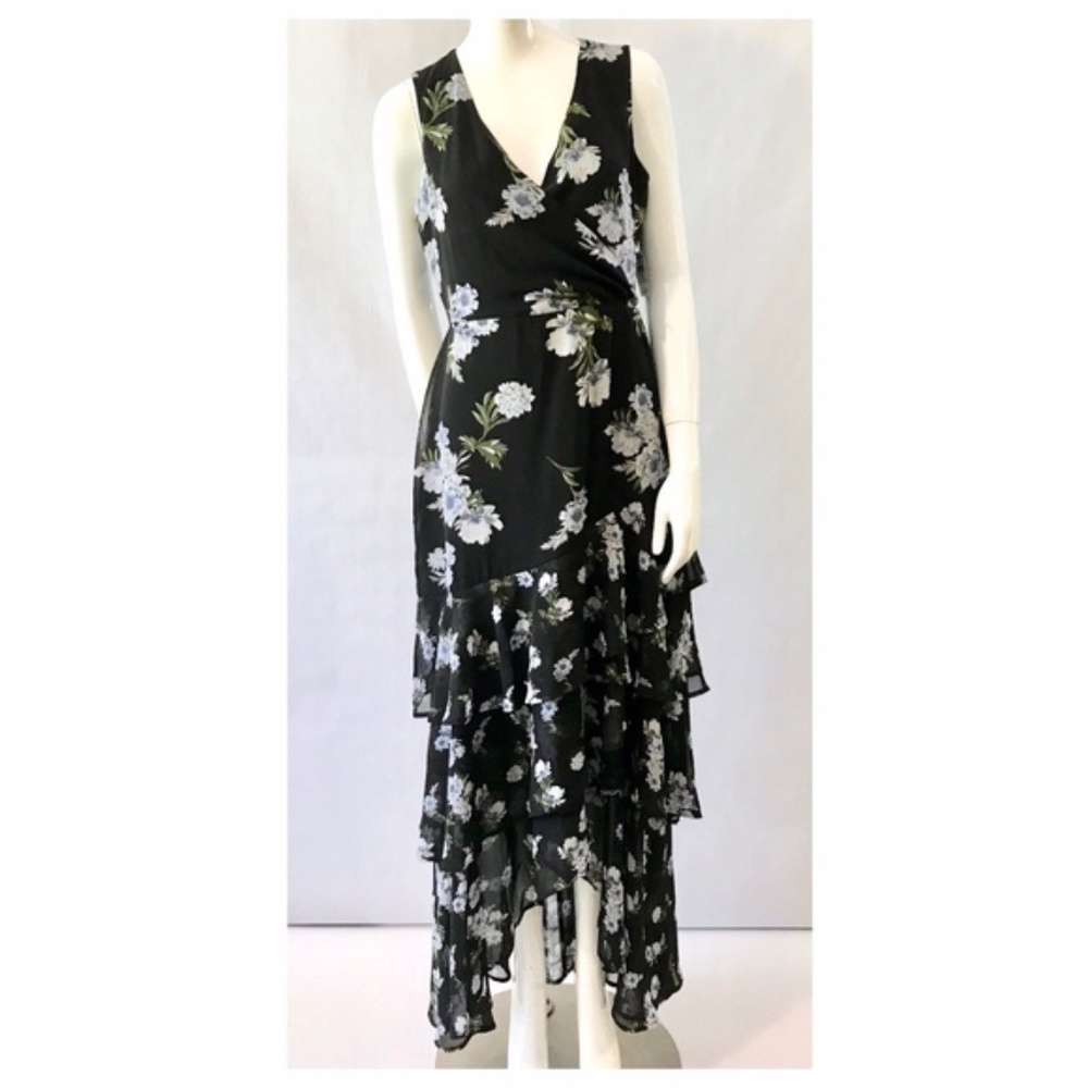 INC Black Blue Floral Tiered Chiffon Hi Low Dress